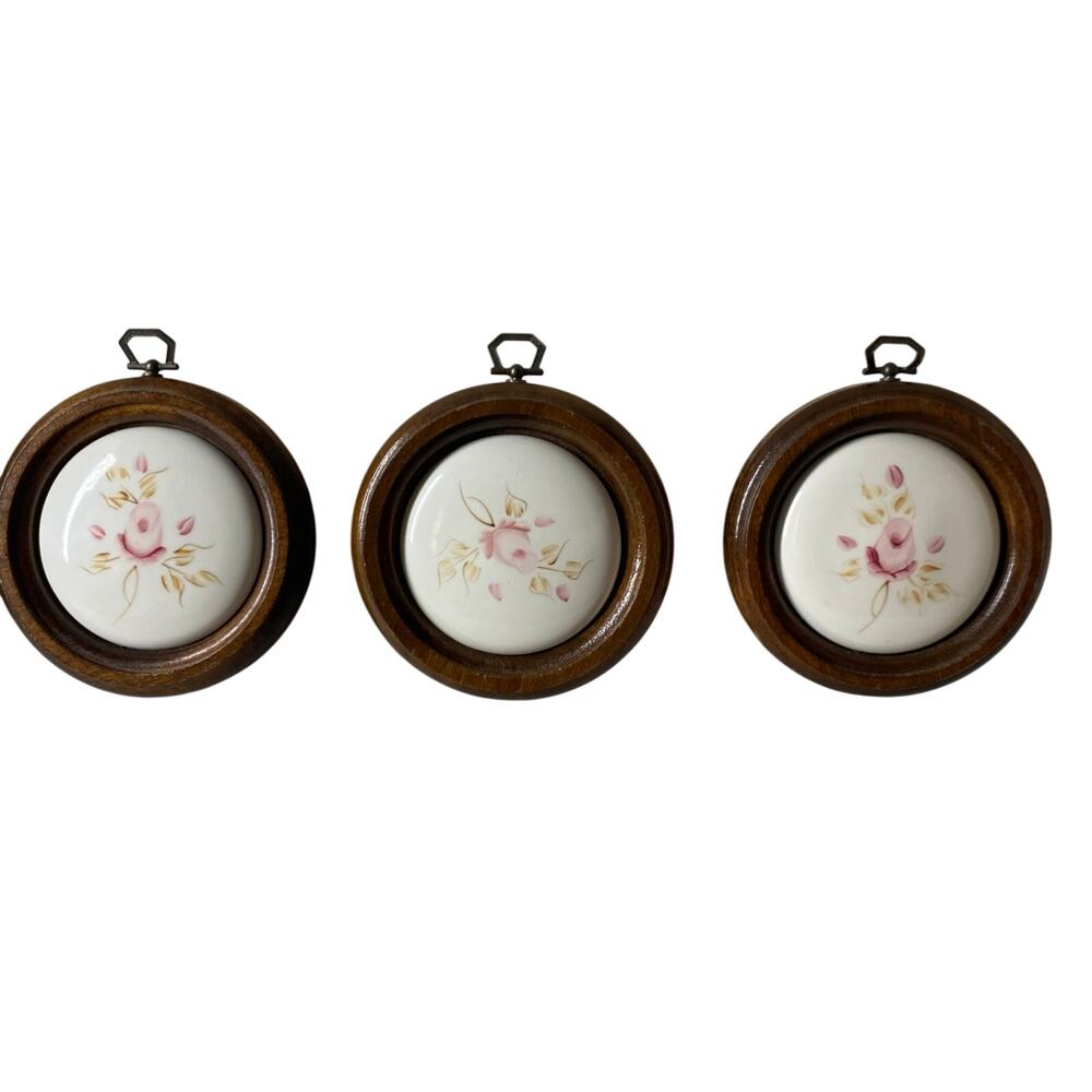 3 Piece Vintage Wood Framed Porcelain Hand Painted Pink Roses Lasting Products